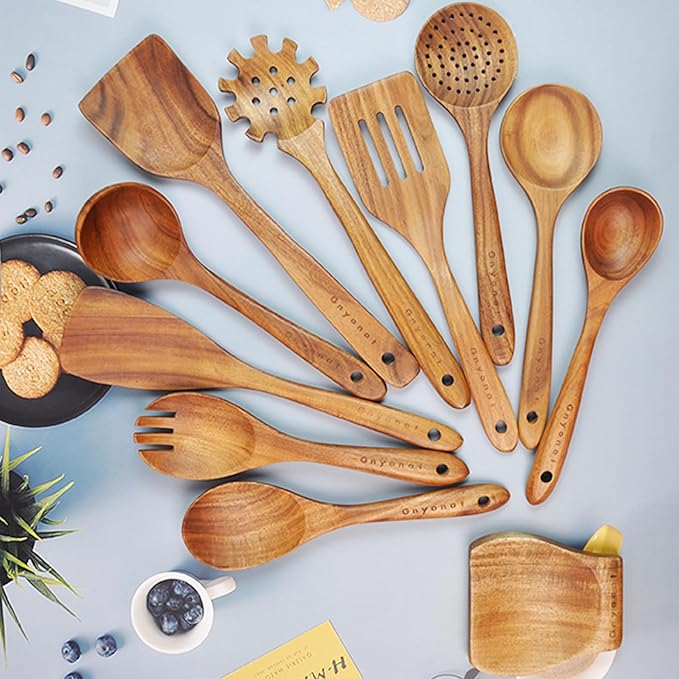 Wooden Spoons for Cooking, Wooden Utensils for Cooking 11 Pcs Wooden Kitchen - Image 3
