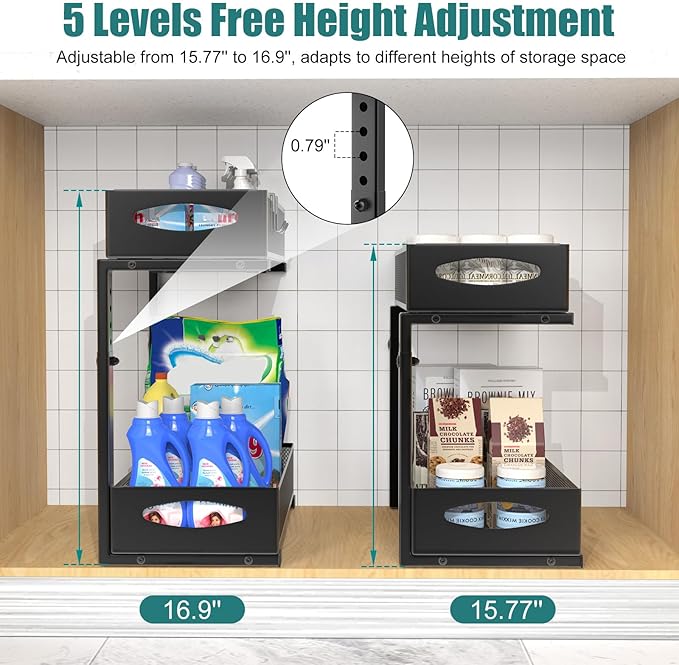 Housolution 2 Pack Under Sink Organizer, 2 Tier Metal Pull Out Under Sink - Image 2