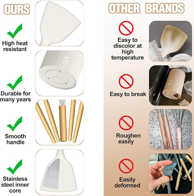 Umite Chef Silicone Kitchen Utensil Set, Cream White Wood Handles - Image 6