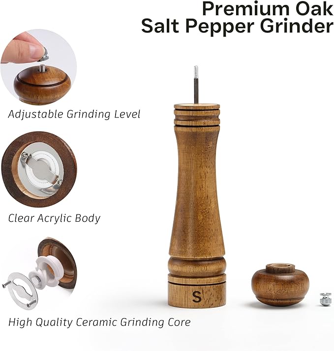 Wooden Salt and Pepper Grinder Set, Premium Oak Wood Salt Grinders Shakers - Image 2