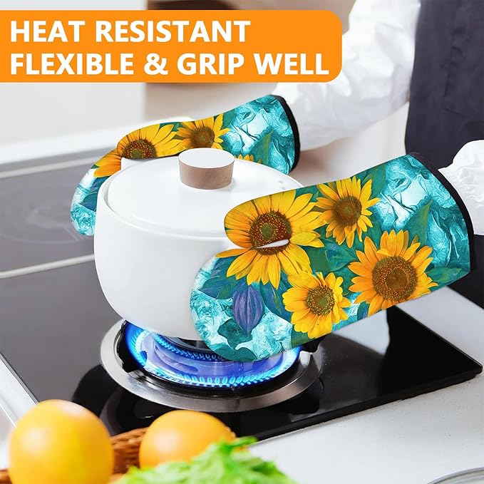 Sunflower Oven Mitts and Pot Holders Sets 4Pcs, Extra Long Oven Gloves Potholder - Image 6