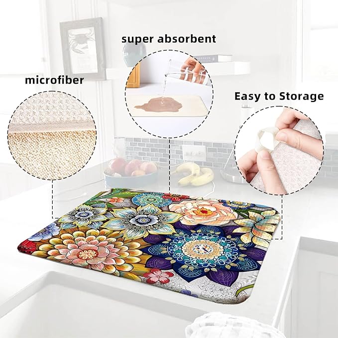 Boho Drying Mat 16" X 18" Boho Flower Kitchen Counter Stone Large Dish Drying - Image 5