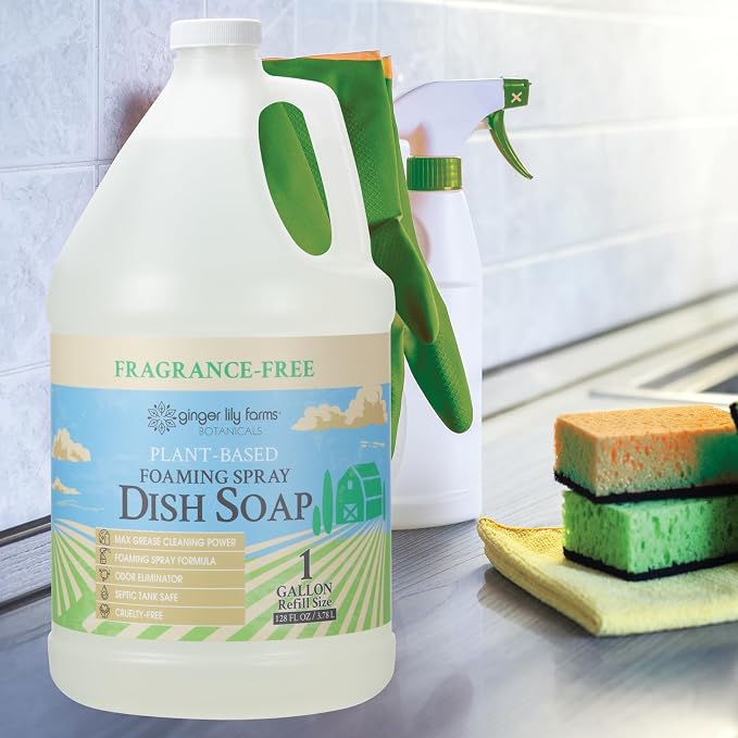 Ginger Lily Farms Botanicals Plant-Based Foaming Spray Dish Soap, Concentrated Formula with Max Grease Cleaning Power, Cruelty-Free, Fragrance-Free, 1 Gallon (Pack of 4)