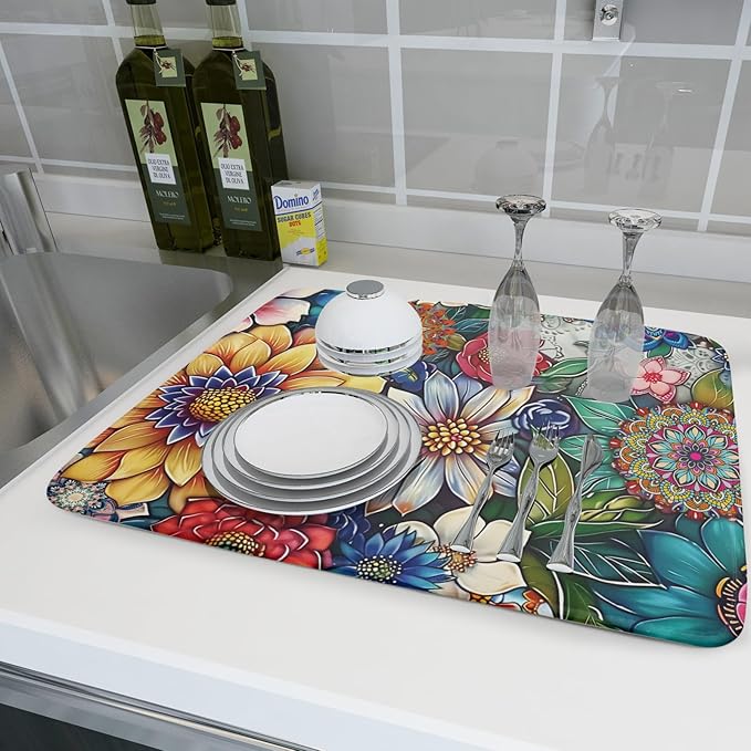 Boho Floral Dish Drying Mat for Kitchen Counter 18x24 Inch Super Absorbent - Image 6