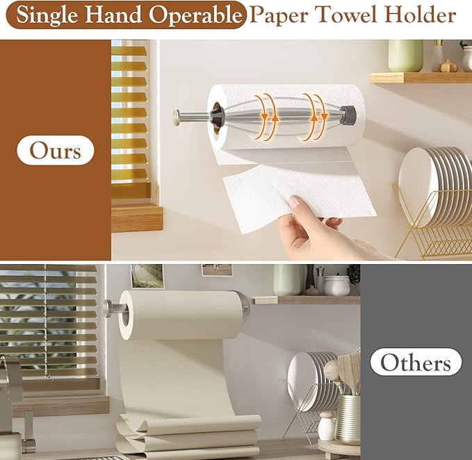 2 Pack Paper Towel Holder Under Cabinet + 2 Towel Robe Hook, Single Hand - Image 3