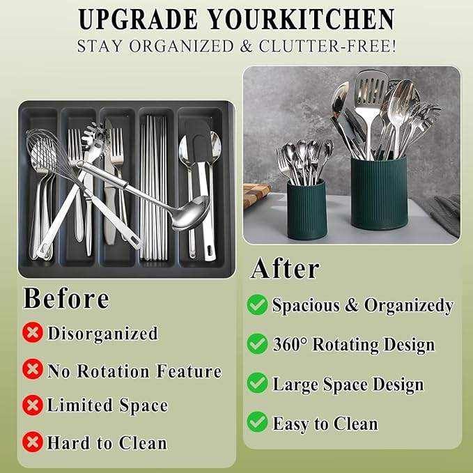 HOMQUEN 360° Rotating Utensil Holder, 6.3''+4.7'' Plastic Kitchen Utensil Holder - Image 4