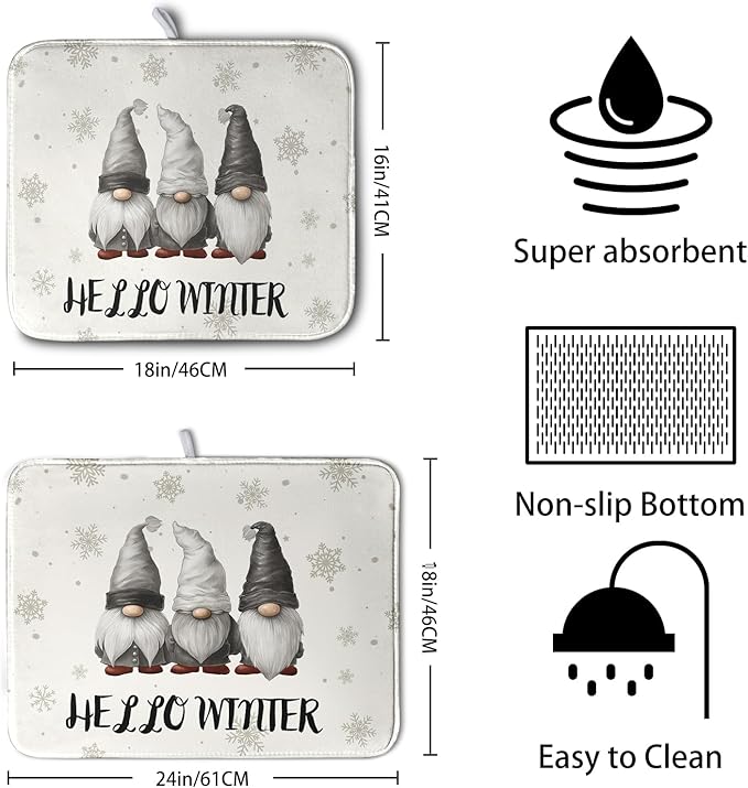 Winter Gnome Dish Drying Mat for Kitchen Counter 16x18 Christmas Snowflakes - Image 2