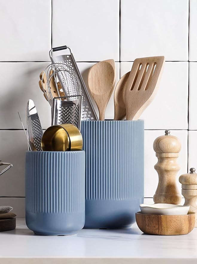 LE TAUCI Utensil Holder for Kitchen Counter, 7.3"+5.4" Fluted Ceramic Utensil - Image 3