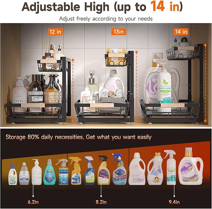 Sevenblue 2 Packs Under Sink Organizer, Height Adjustable 2 Tier Under Kitchen - Image 3