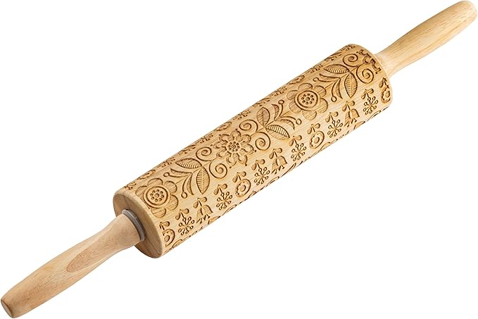 TableCraft Embossed Beech Wood Rolling Pin – 15.25 Inches, Spring Floral Imprint by TableCraft