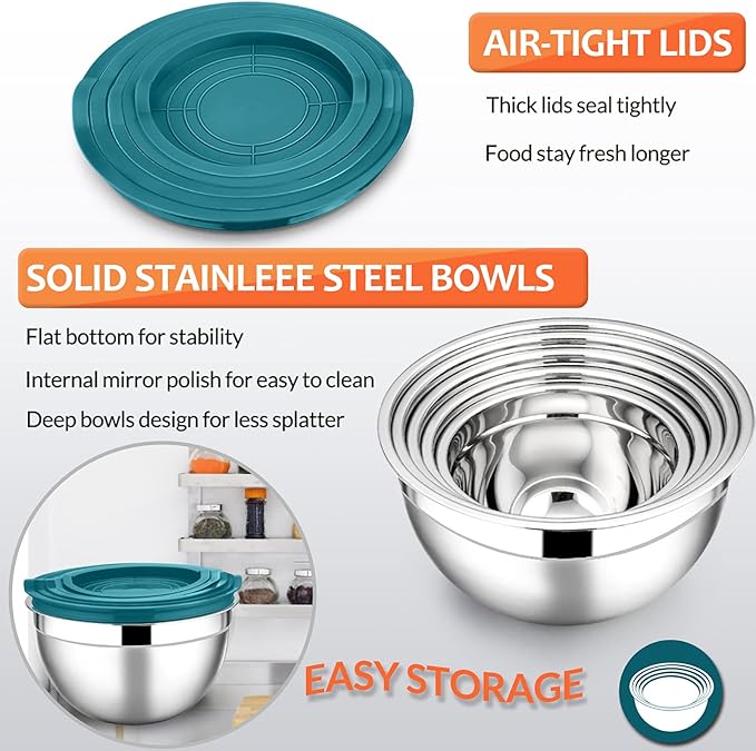 E-far Mixing Bowls with Teal Blue Lids Set of 5, Stainless Steel Mixing Bowls - Image 3