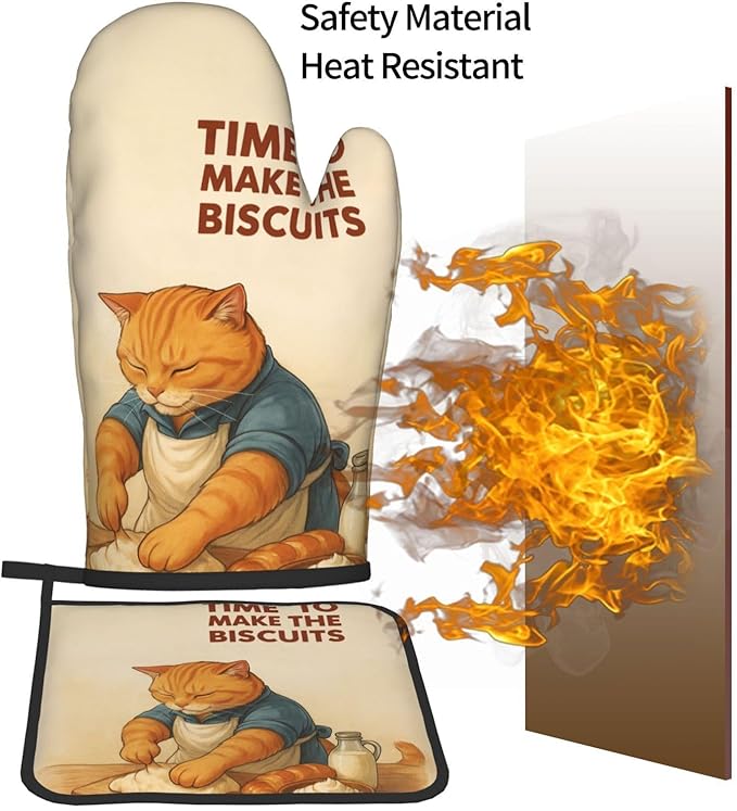 Cute Cat Oven Mitts and Pot Holder Set, Funny Heat Resistant Kitchen Gloves Hot - Image 7