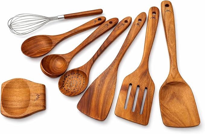 8 Pcs Teak Wooden Utensil Set – Premium Wooden Cooking Utensils Set, Natural by WOODLANDSUSA