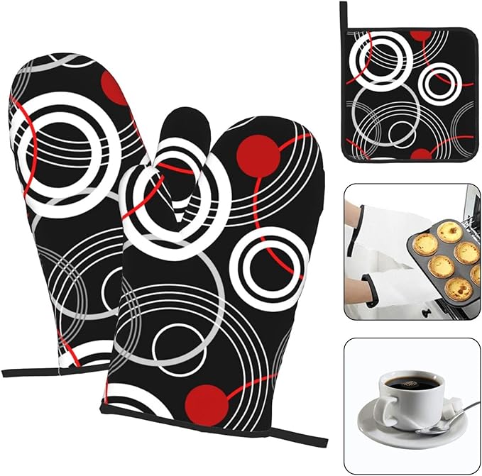 Modern Black Red Retro Oven Mitts and Pot Holders Sets of 3 Abstract Modern Hot - Image 3