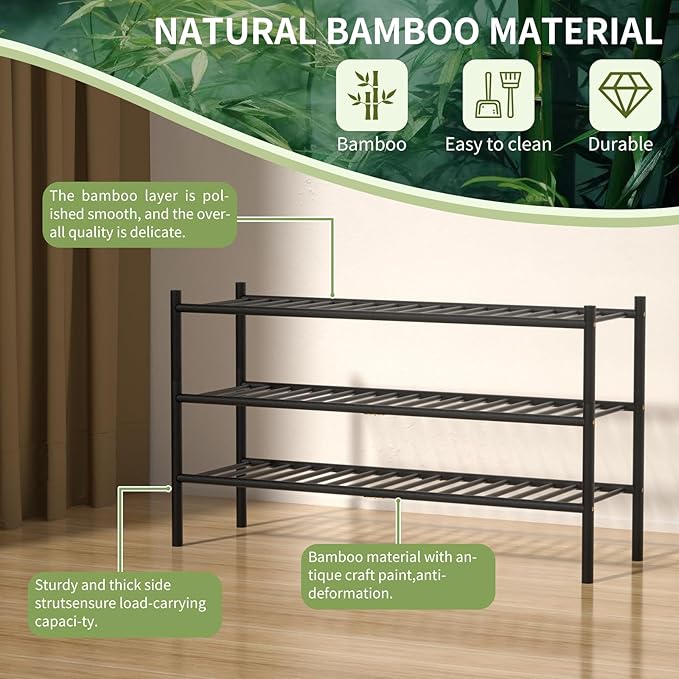 ROMGUAR CRAFT 3-Tier Bamboo Long Shoe Rack, Free Standing Wood Shoe Shelf - Image 5