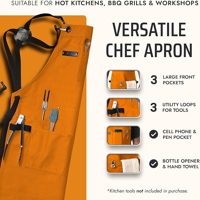 Asaya Chef and BBQ Apron with Bottle Opener and Hand Towel - 10oz Cotton Canvas - Image 2