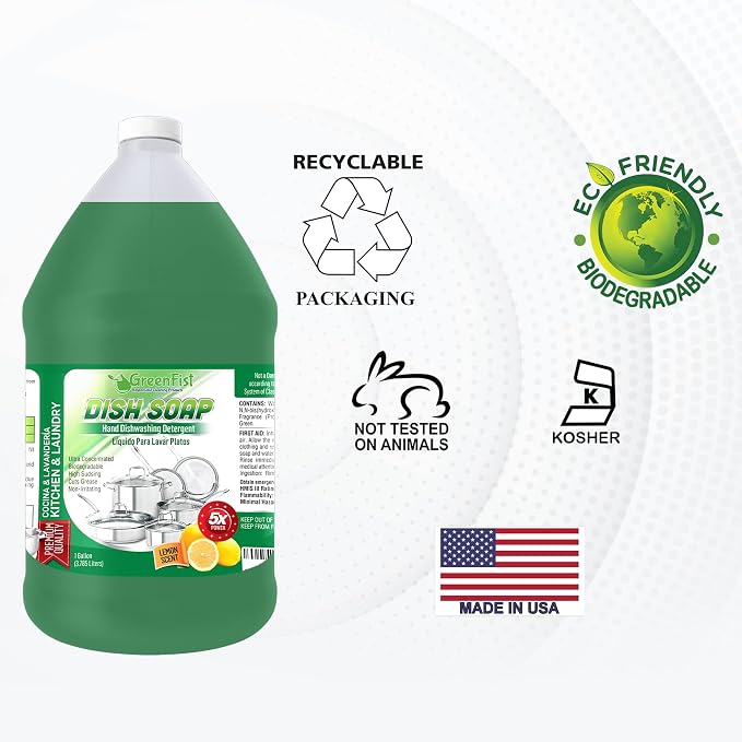 GreenFist Dish Soap Ultimate Kitchen Kit – Pump, Towel, Sponges & Scrubbers, Complete Cleaning Bundle – 1 Gallon, Lemon Scent