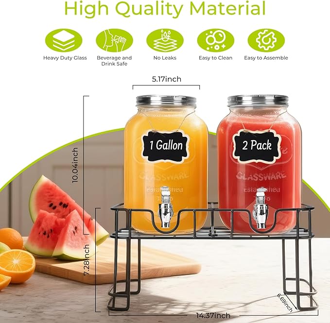 DHSBTLS 1 Gallon Glass Drink Dispensers, 2 Pack Clear Beverage Dispenser - Image 3