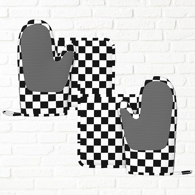 Black White Checkered Oven Mitts and Pot Holders Sets of 4, Heat Resistant - Image 6