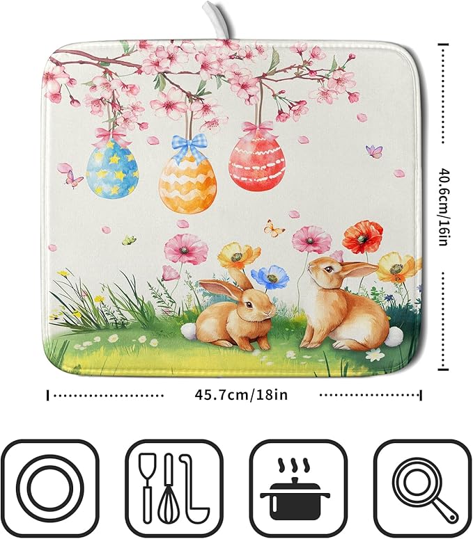 Giwawa Easter Bunny Dish Drying Mat, Spring Rabbits Eggs Hunt Dish Drainer Mats - Image 2