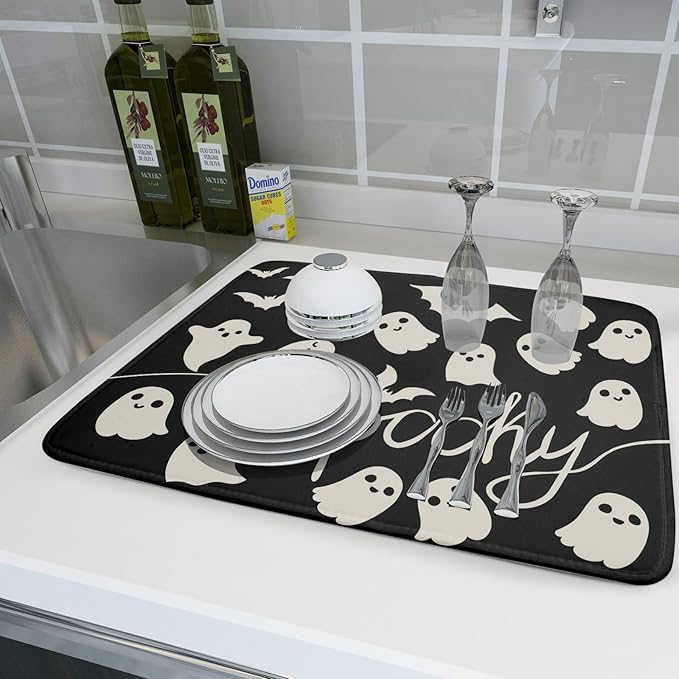 Halloween Dish Drying Mat for Kitchen Counter 18x24 Cute Ghost Black Spooky - Image 6