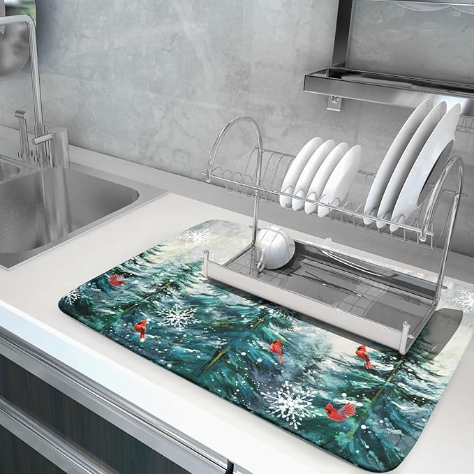 Pine Tree Dish Drying Mat for Kitchen Countertop Red Bird Dishes Mats Winter - Image 5