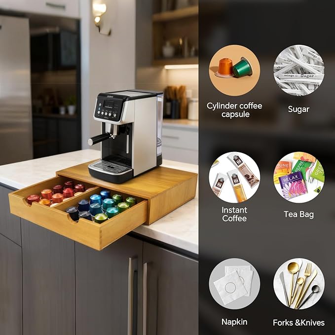 Coffee Pod 15" X 11" X 3" Natural Wood Countertop Organizer Drawer, Counter Top - Image 6
