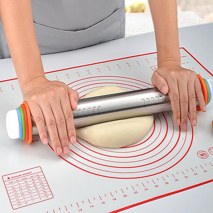 Rolling Pin with Adjustable Thickness Rings and Silicone Baking Pastry Mat Set - Image 6