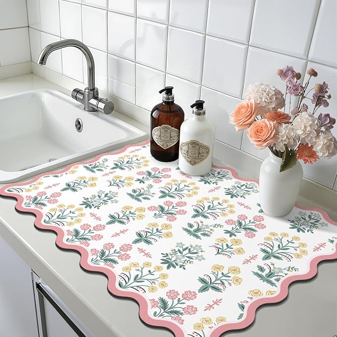 LOKHOM Scalloped Floral Dish Drying Mat, Cuttable Hide Stain Non-slip Drying Mat - Image 9