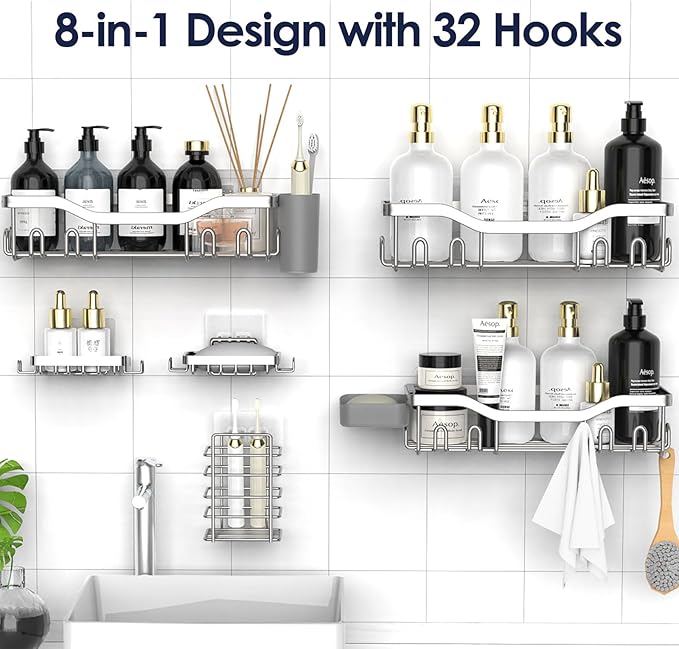 NESOMI Shower Caddy Adhesive Shower Organizer 8-Pack, Rustproof Stainless Steel - Image 4
