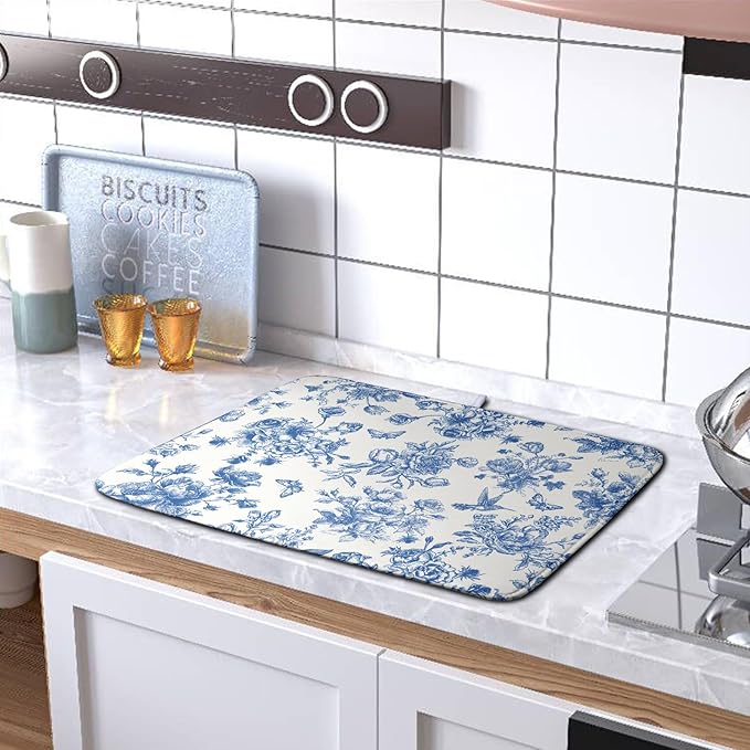 Dish Drying Mat for Kitchen Counter Blue and White Floral Drying Mats - Image 5