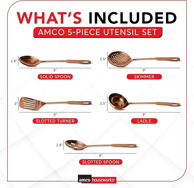 Amco 5-Piece Stainless Steel Cooking Utensil Set, Copper Finish - Image 2
