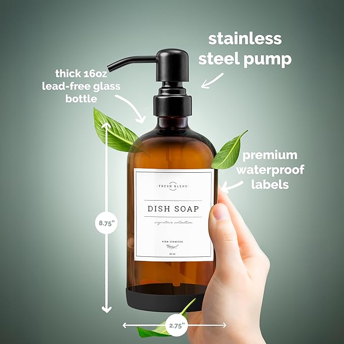 Vine Creations Amber Glass Soap Dispenser, 2 Pack Kitchen Soap Dispenser Set - Image 6