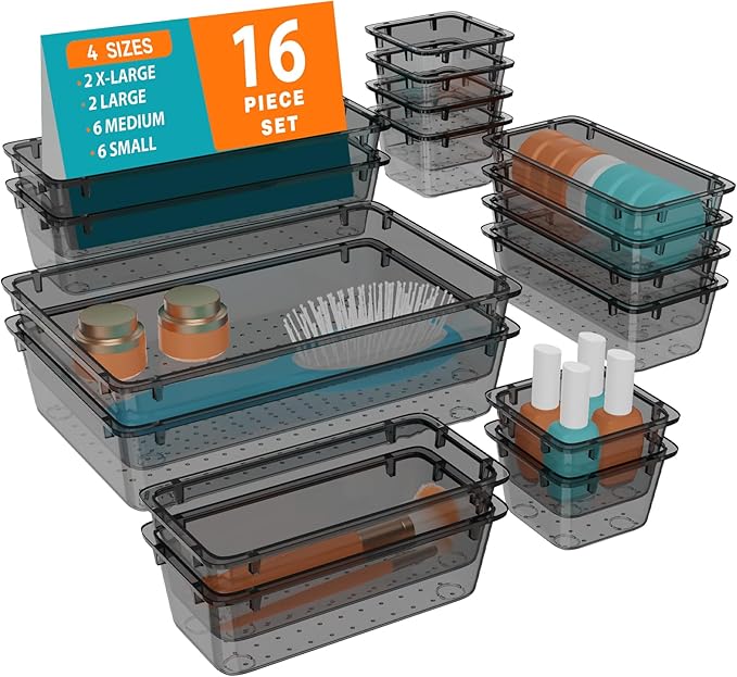 WOWBOX 16 PCS Clear Plastic Drawer Organizer Set, 4 Sizes Desk Drawer by WOWBOX