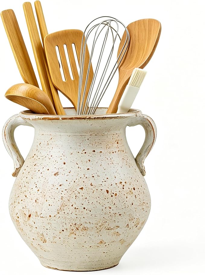 Rustic Kitchen Utensil Holder for Countertop, 7.6x4.9In Large Ceramic Cooking by OOXYG