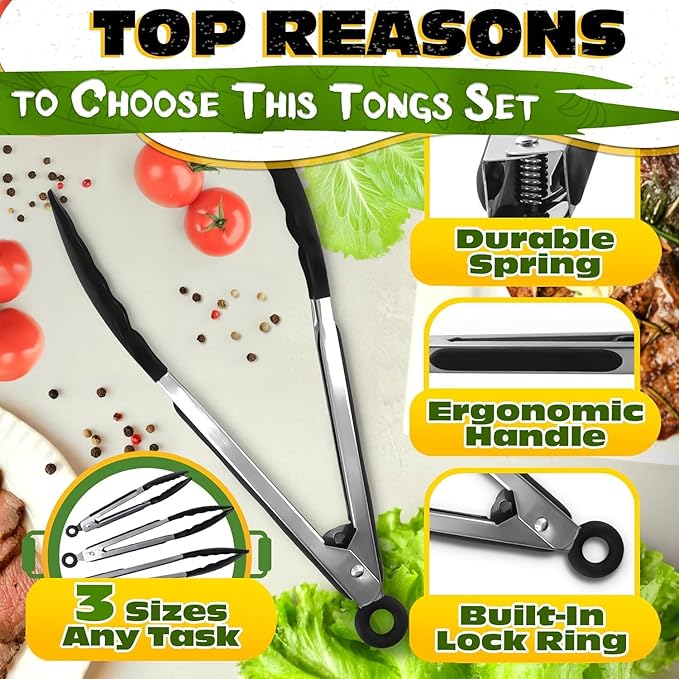 Kitchen Tongs Set of 3-7/9/12" Silicone Tipped Tongs - Image 4