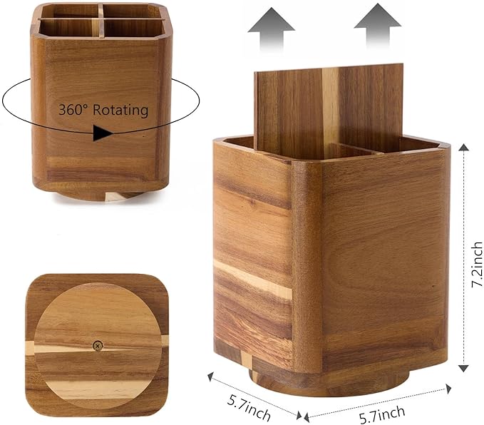 Wood Utensil Holder for Kitchen Counter, 360° Rotating Kitchen Utensil Holder - Image 3