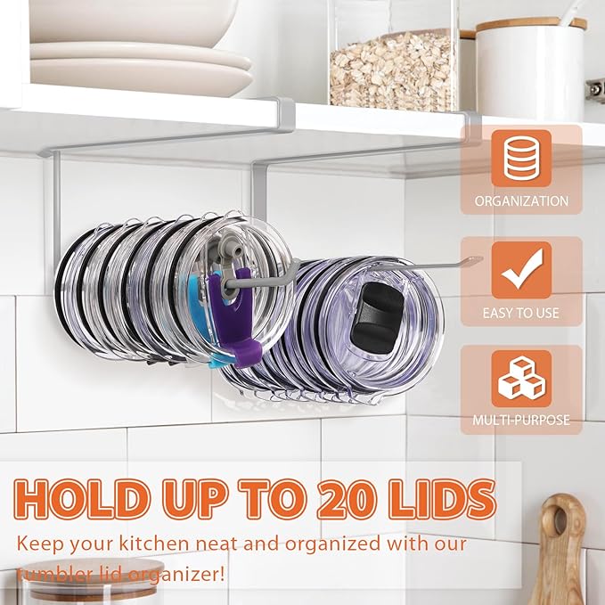 2 Pack Tumbler Lid Organizer, Horizontal Tumbler Lid Storage Hook Up to 20 Lids - Image 2