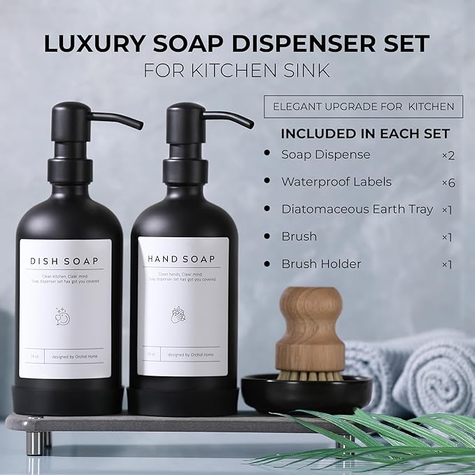 Kitchen Soap Dispenser Set - 16OZ Black Glass Bottle - Image 3
