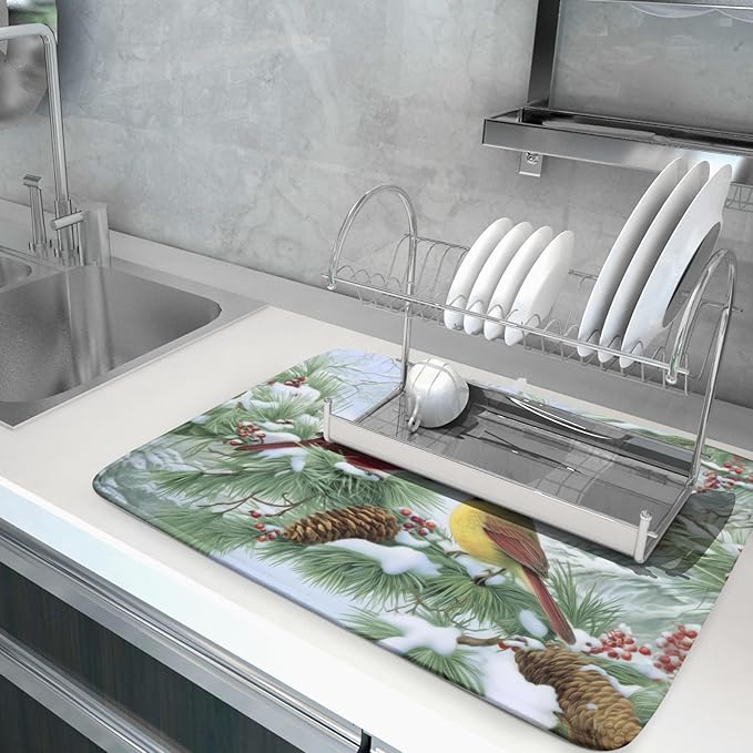 Winter Dish Drying Mat for Kitchen Counter Cardinal Birds Pine Trees Festival - Image 5