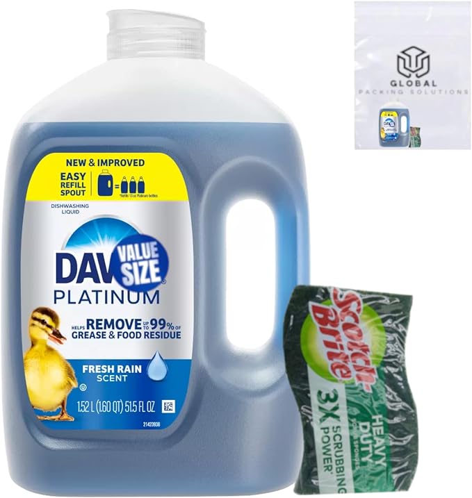 Dawn Platinum Dish Soap Dishwashing Liquid, Rain Scent, Dish Soap Refill, 51.5 Fl Oz bundled with Heavy Duty Scotch Brite Sponge