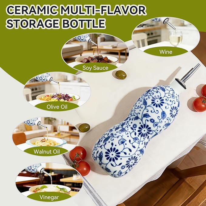 20oz Vintage Ceramic Olive Oil Dispenser Bottle, Gourd Shape Blue and White - Image 2
