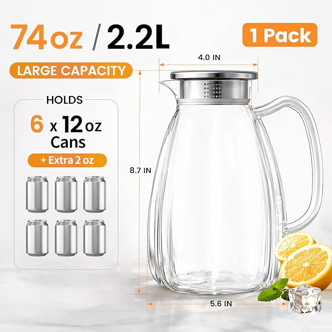 Glass Pitcher with Lid and Handle, 2.2L Borosilicate Glass Water Carafe - Image 2