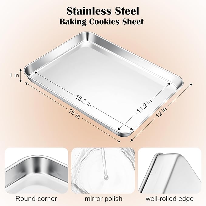 E-far Stainless Steel Baking Sheet, 16” x12” x 1” Baking Cookie Sheet Pan - Image 2