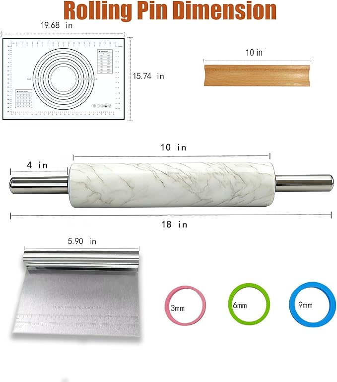 White Marble Rolling Pin with Stainless Steel Handles Baking Set - Image 5