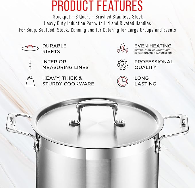 Stainless Steel Stockpot with Lid 8 Quart, Durable 18/8 Stainless Steel - Image 7
