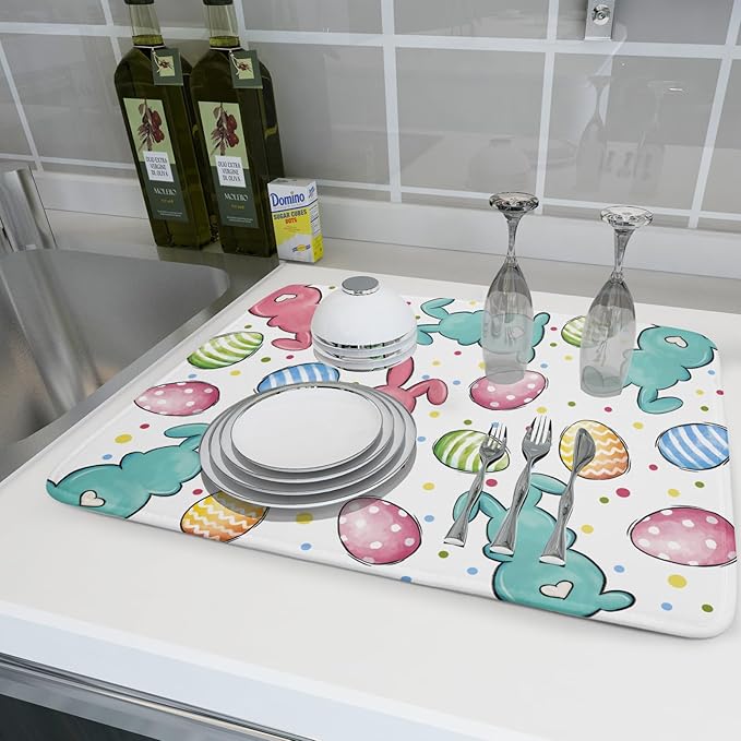 Easter Dish Drying Mat for Kitchen Counter Colorful Bunny Holiday Microfiber - Image 6