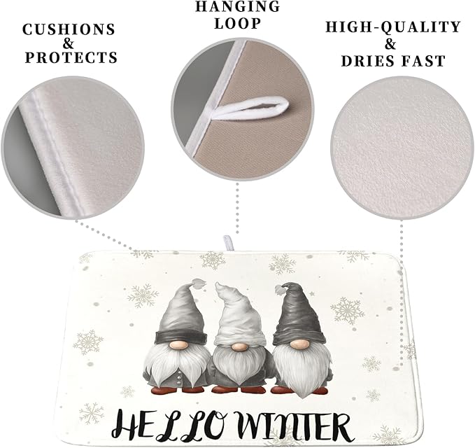Winter Gnome Dish Drying Mat for Kitchen Counter 18x24 Christmas Snowflakes - Image 3