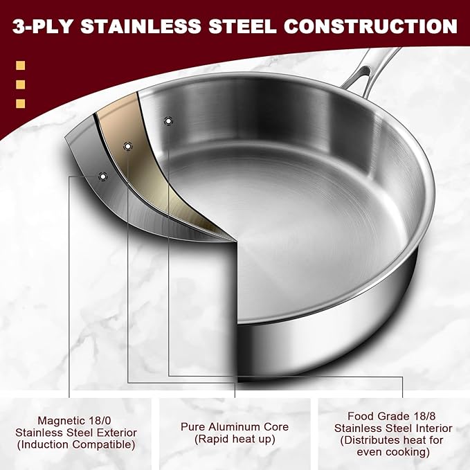 EWFEN 12 Inch Tri-Ply Stainless Steel Frying Pan, Compatible - Image 4
