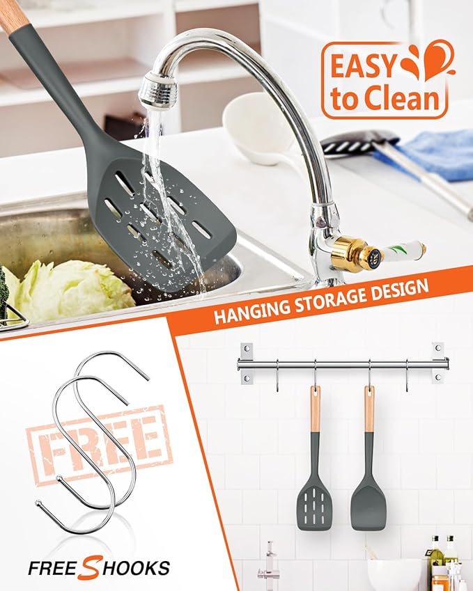 Pack of 2 Silicone Spatula, Non Stick Cooking Utensil Set Wooden Handle Kitchen - Image 5